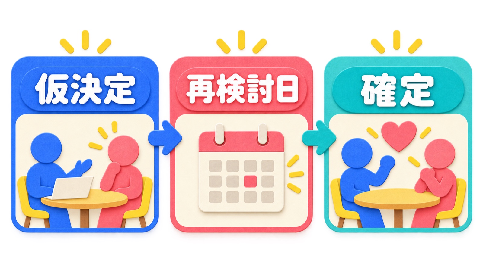 仮決定から再検討日を経て確定する手順の図