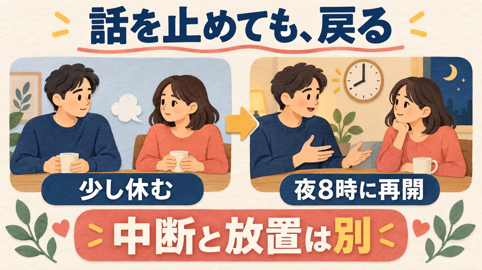 気まずい話を少し休み夜8時に再開する説明図