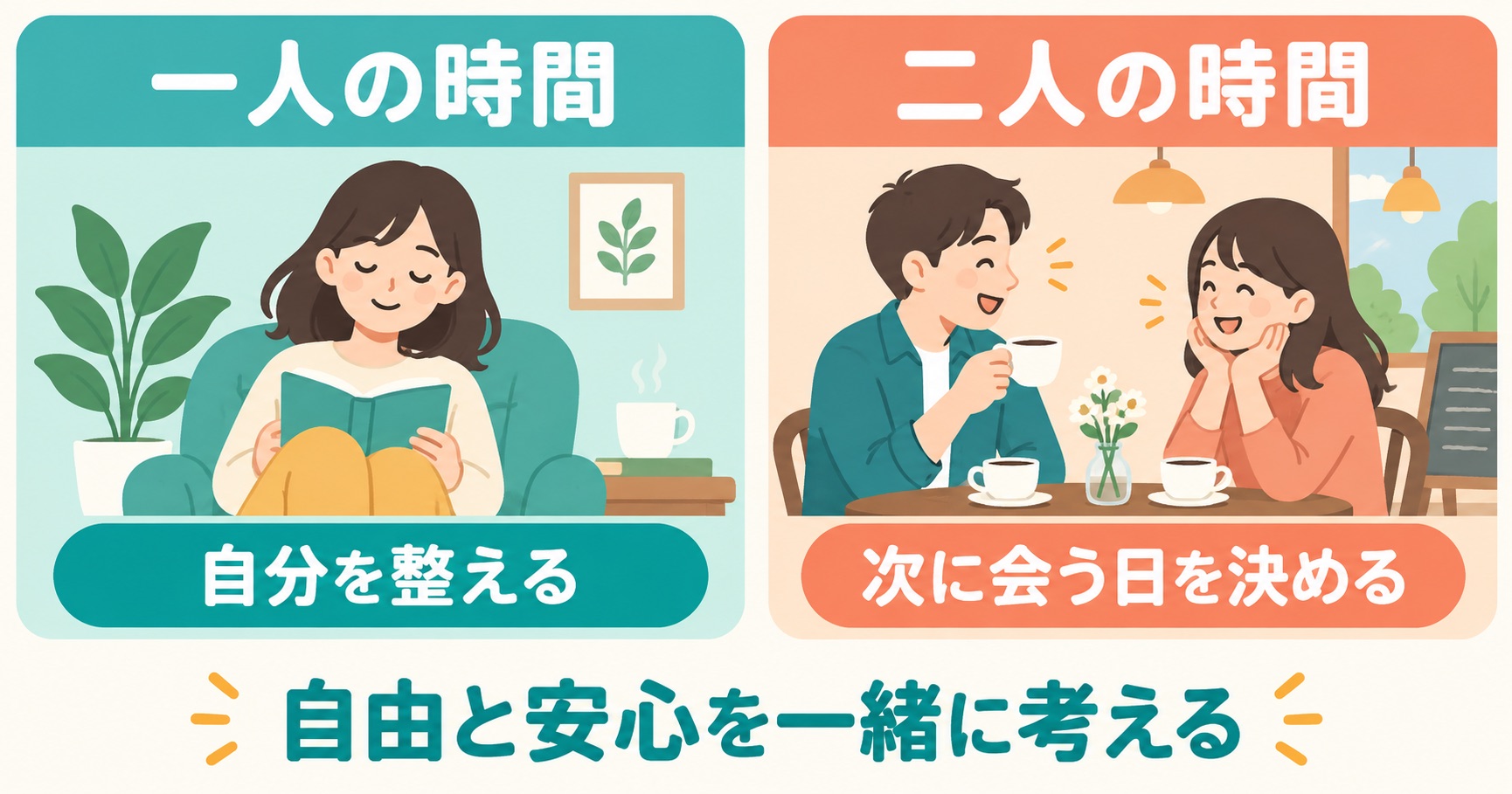 一人の時間と二人の時間を分けて自由と安心を考える図
