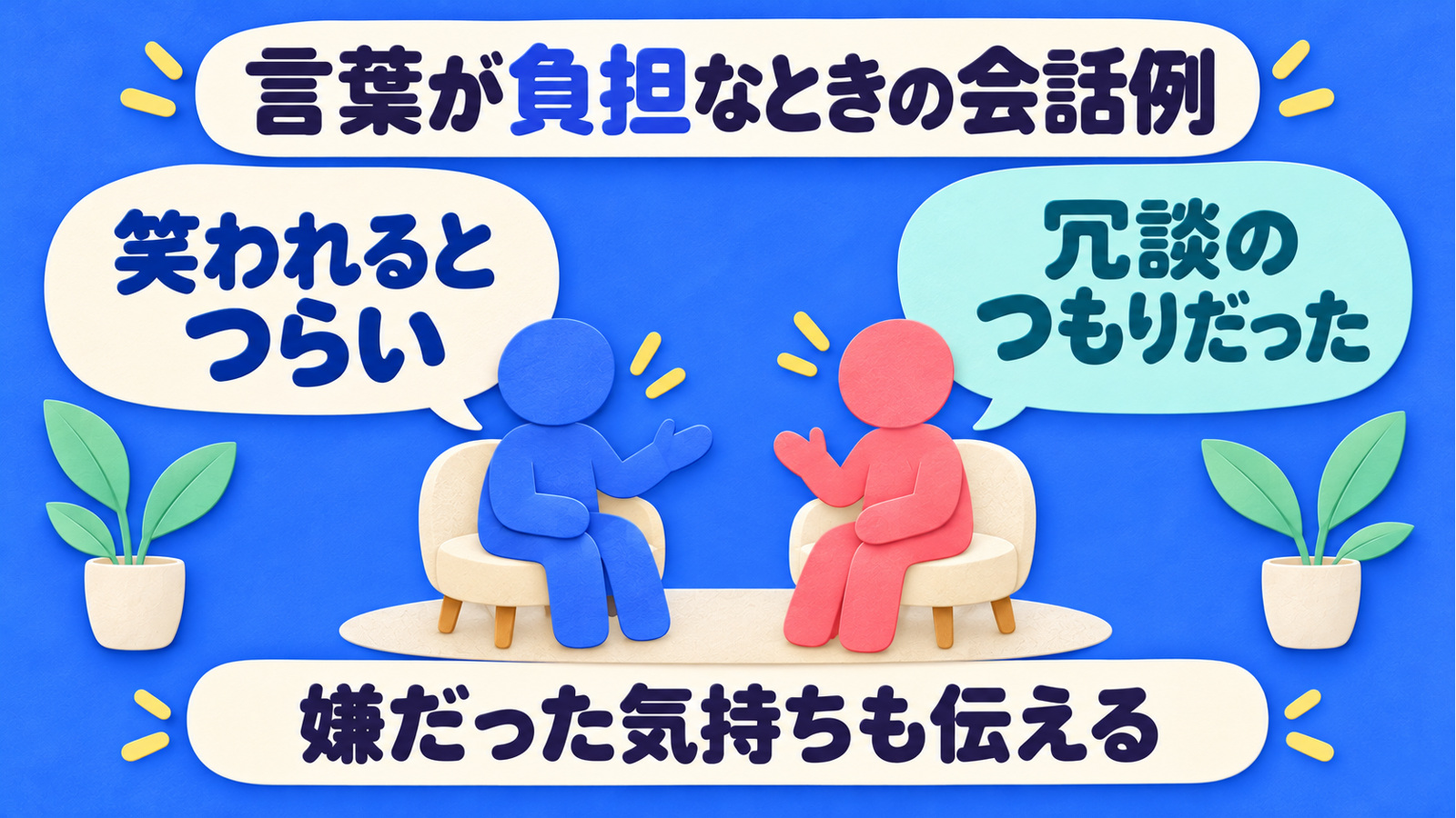 失敗を笑われるとつらいと伝えた人と冗談のつもりだったと返す人が、不快だった気持ちも伝える架空会話。