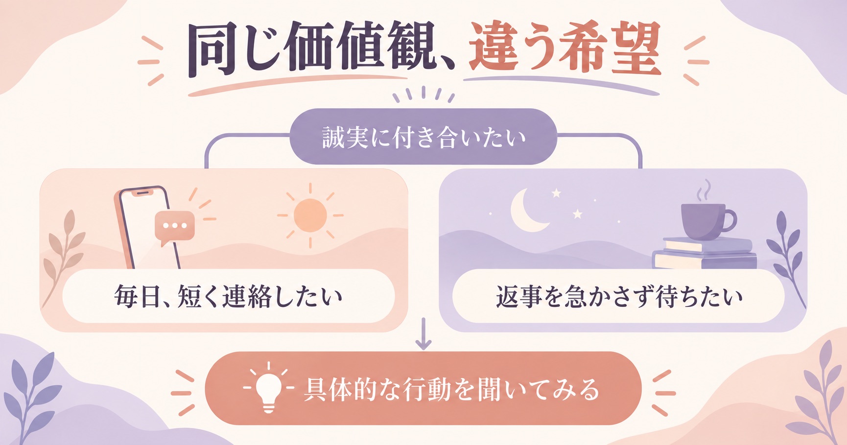 同じ誠実さでも毎日連絡したい人と返事を急かさず待ちたい人の違いを示す図