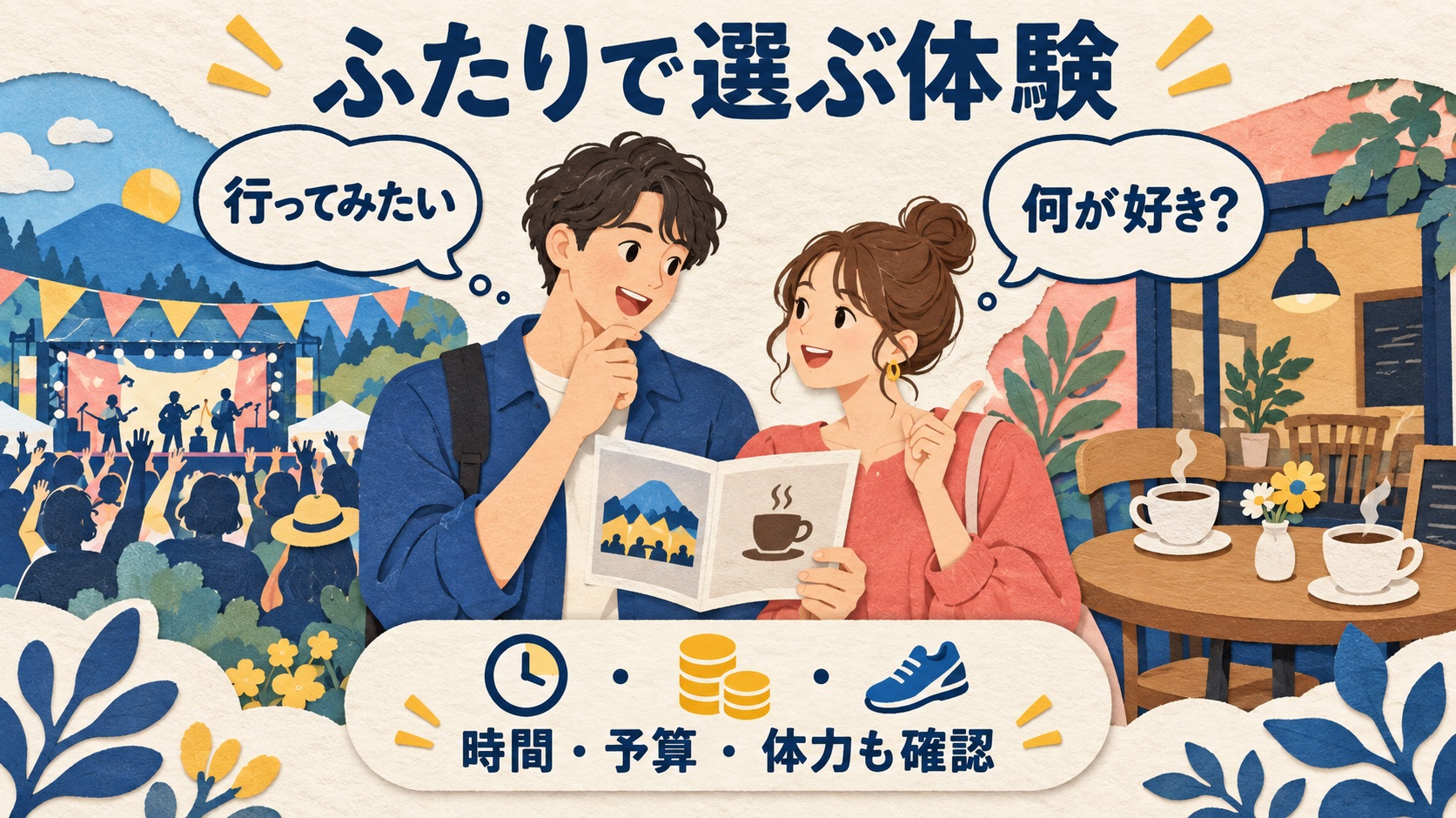 行きたい場所を二人で選び時間予算体力も確かめる説明図