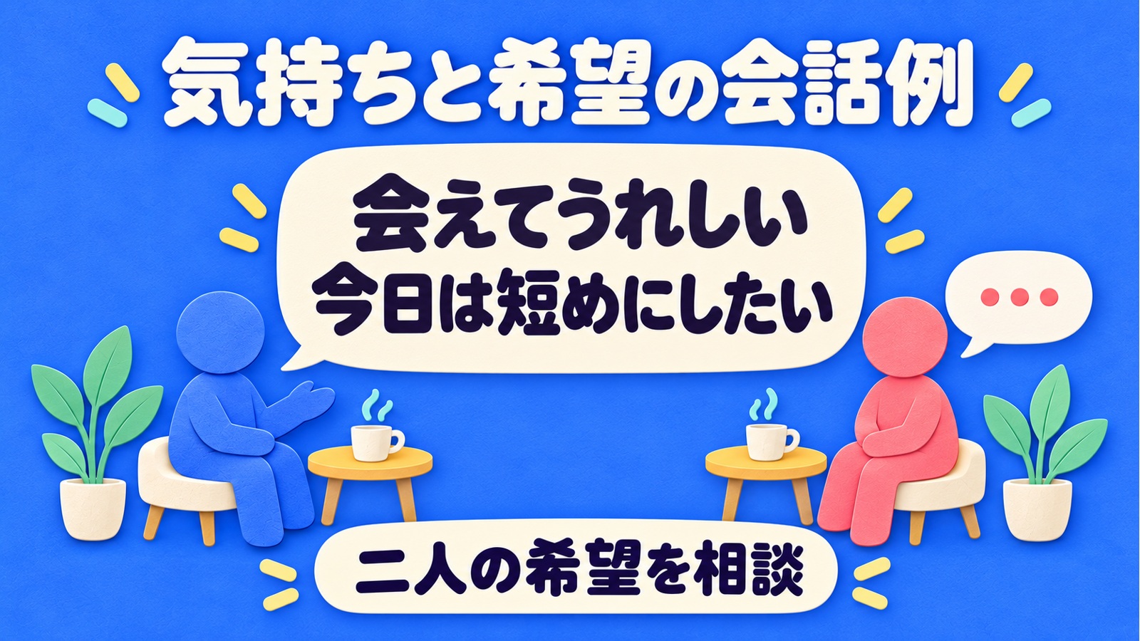 会えてうれしい気持ちと今日は短めに会いたい希望を同じ話者が伝え、二人で相談する架空の会話例。