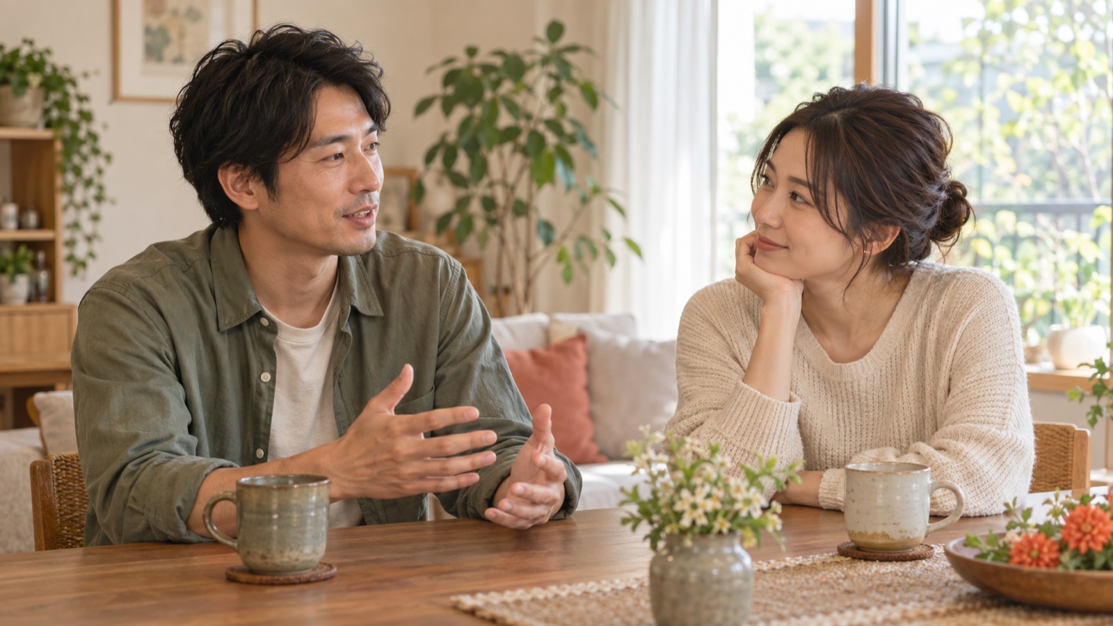 家で二人が気持ちを落ち着いて話し合う様子
