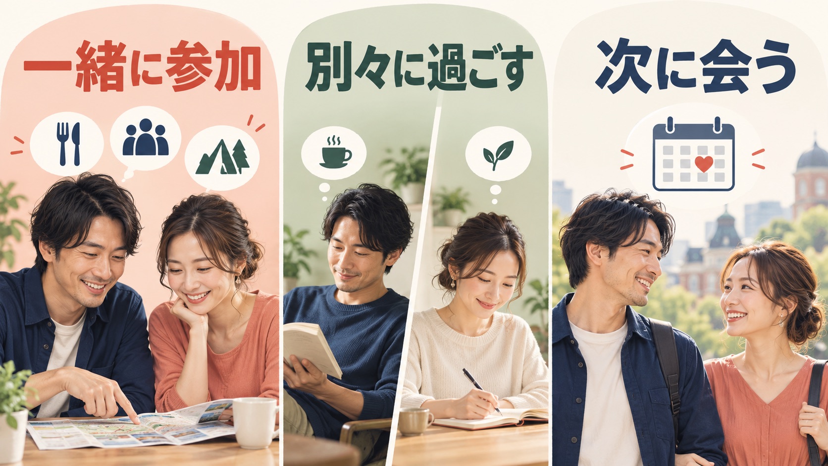 集まりへの参加と別行動と次の約束を選ぶ説明図
