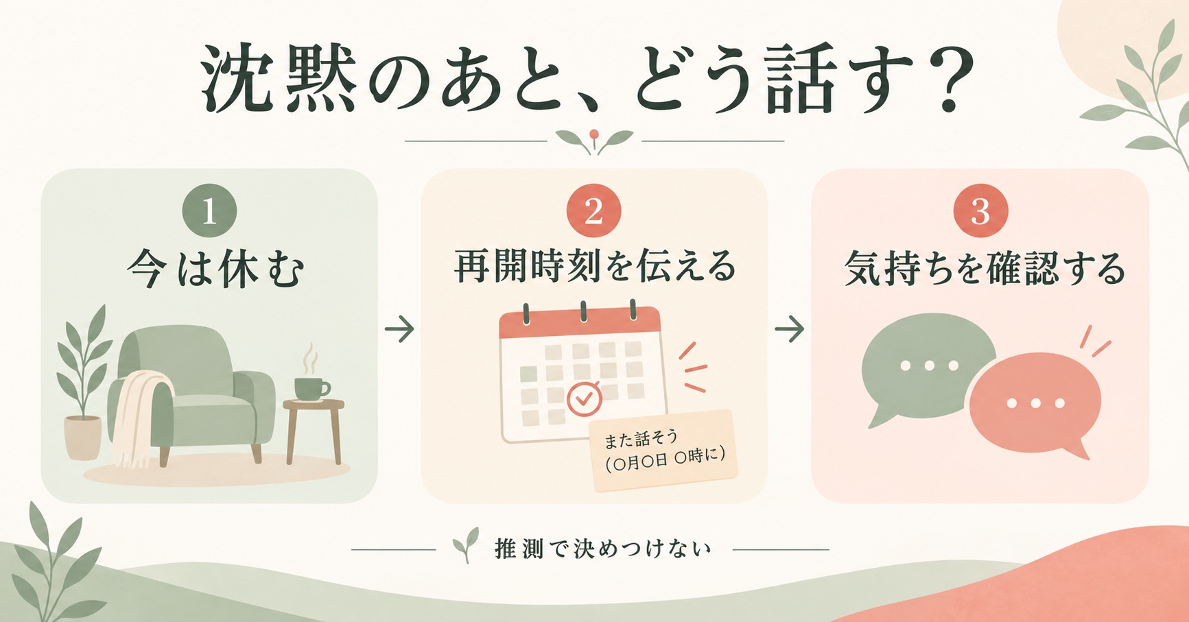 沈黙の後に休む時間と再開時刻を伝え気持ちを確認する三段階の図