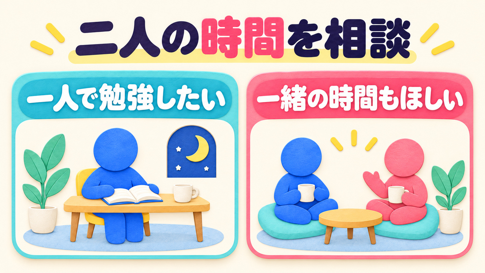 一人で勉強したい希望と一緒に過ごす時間もほしい希望を並べ、二人の時間を相談する図。