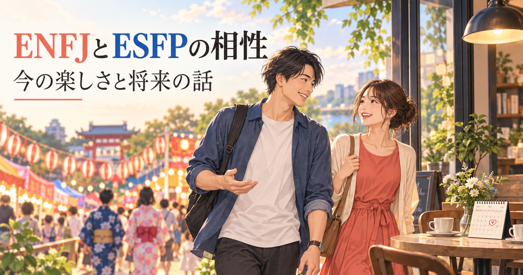 ENFJとESFPが楽しい時間と将来を話すイラスト