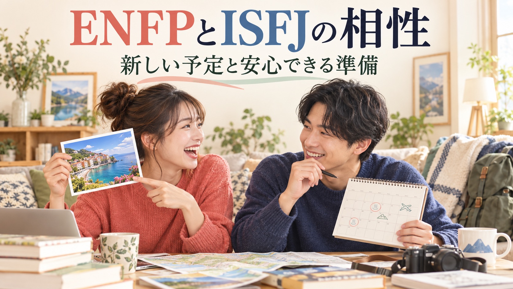 ENFPとISFJが新しい旅行の予定と準備を一緒に考えるイラスト