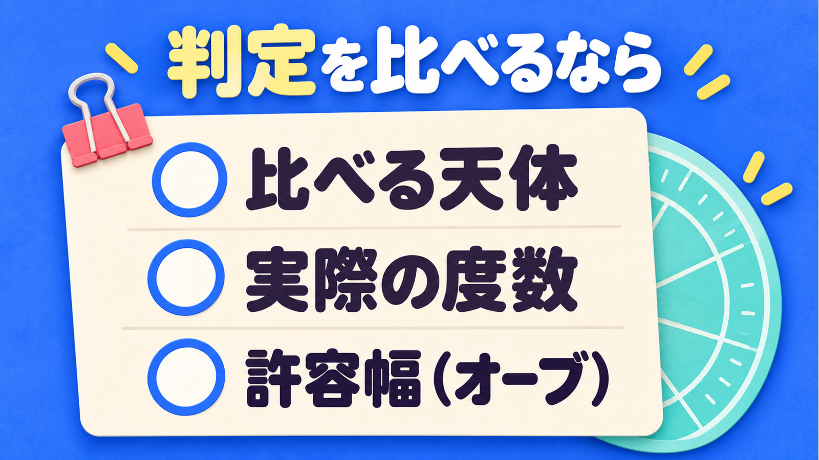 判定サイトを比べる際に、比較する天体と実際の度数、許容幅のオーブを確認する図。