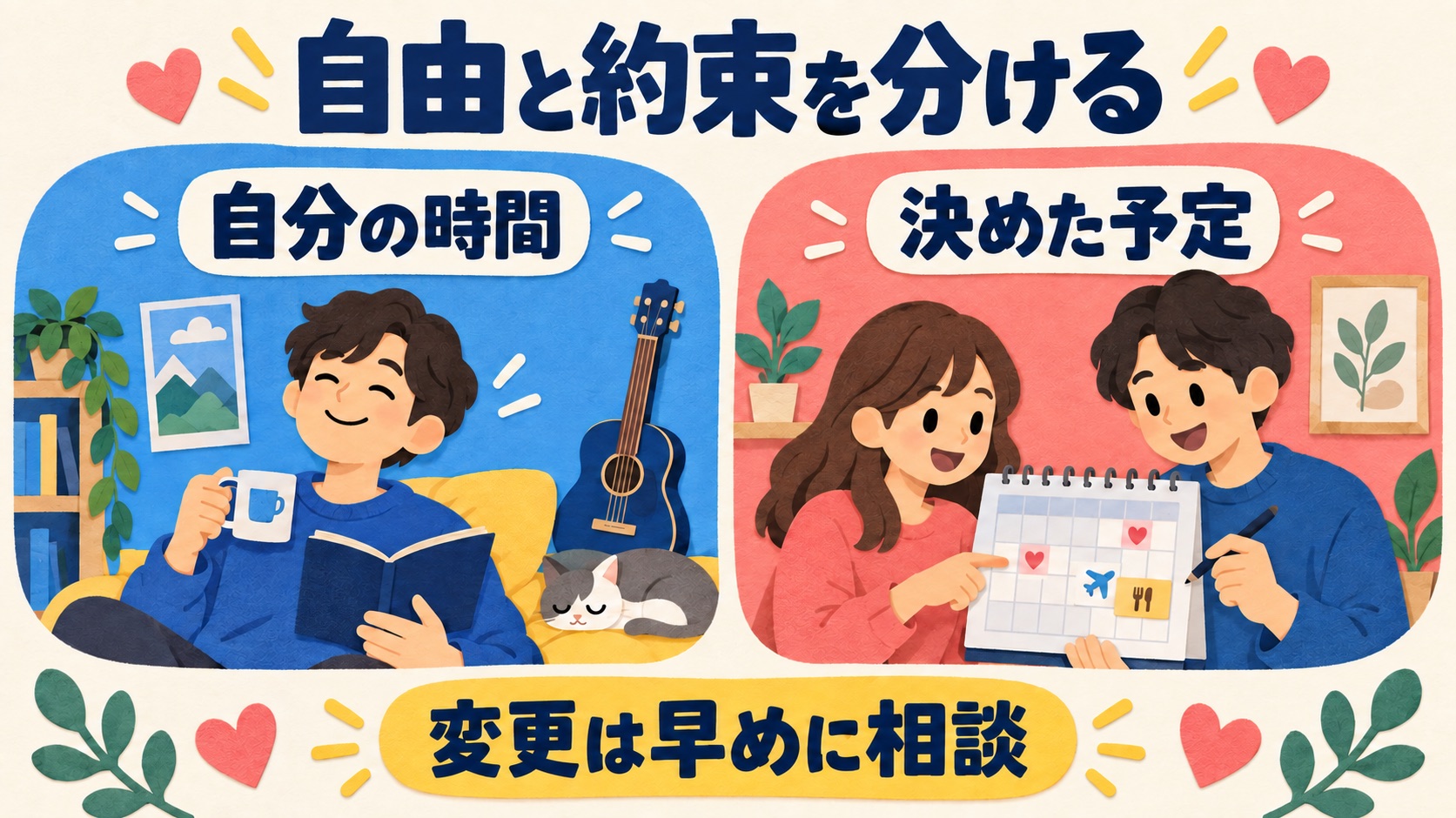 自分の時間と二人で決めた予定を分け変更を早めに相談する説明図