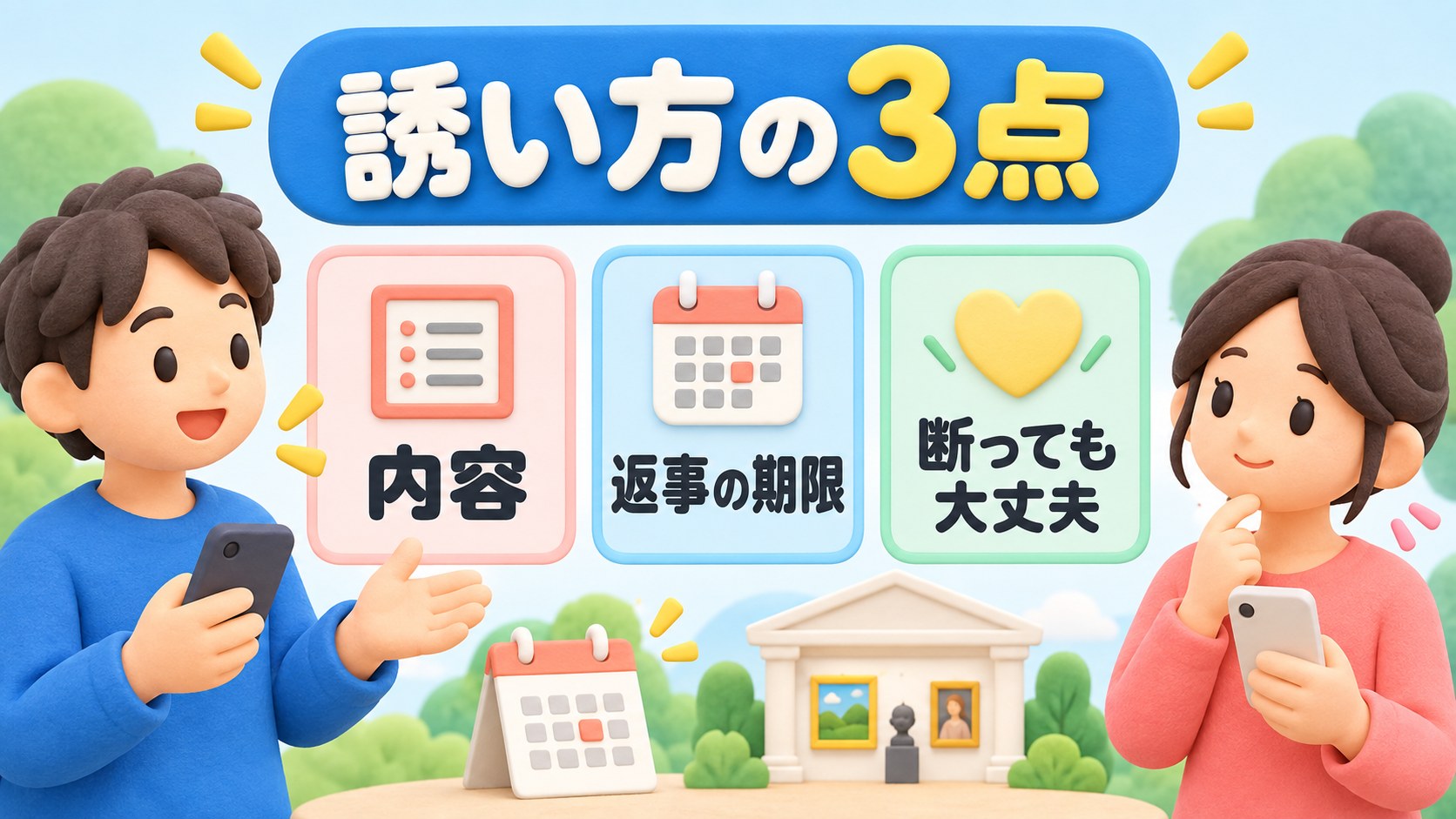 誘いの内容・返事の期限・断れる余地を示す説明図