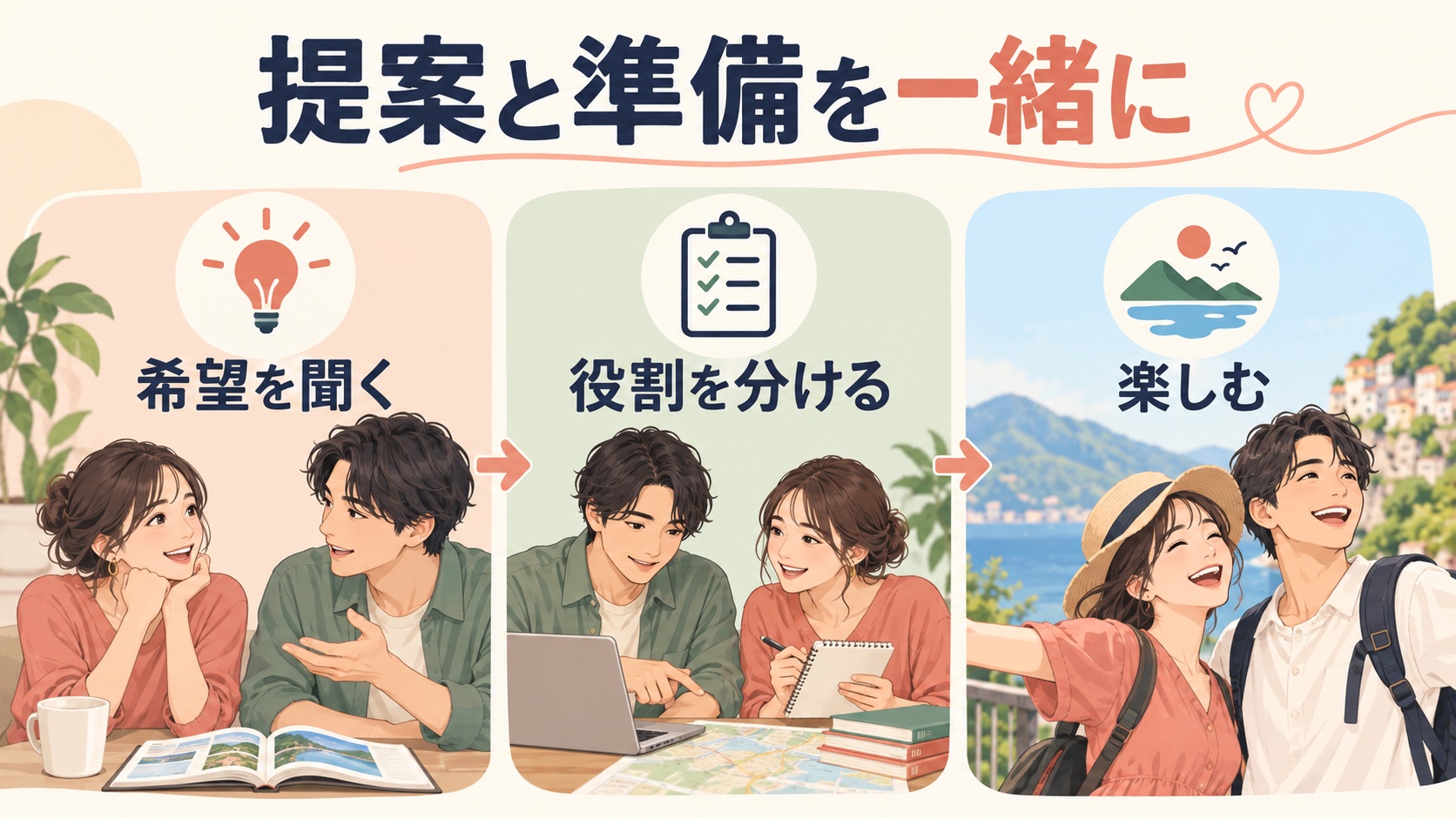 予定の希望を聞き準備の役割を分けて楽しむ説明図