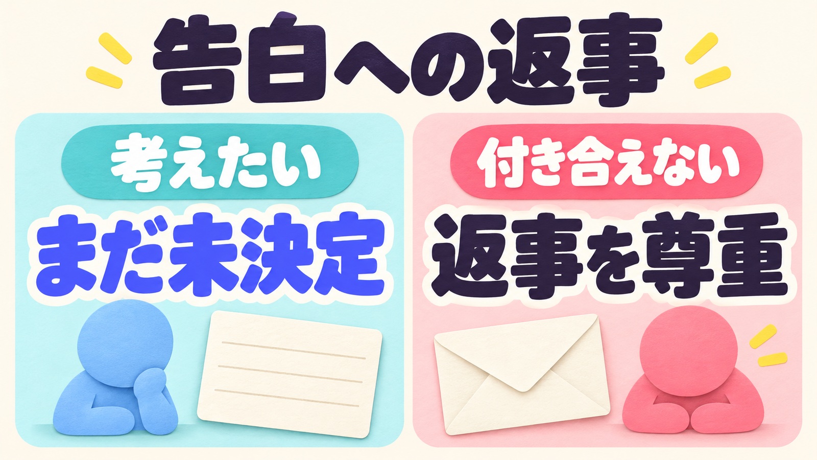考えたいという保留は未決定、付き合えないという断りは尊重するという告白への返事の比較図。