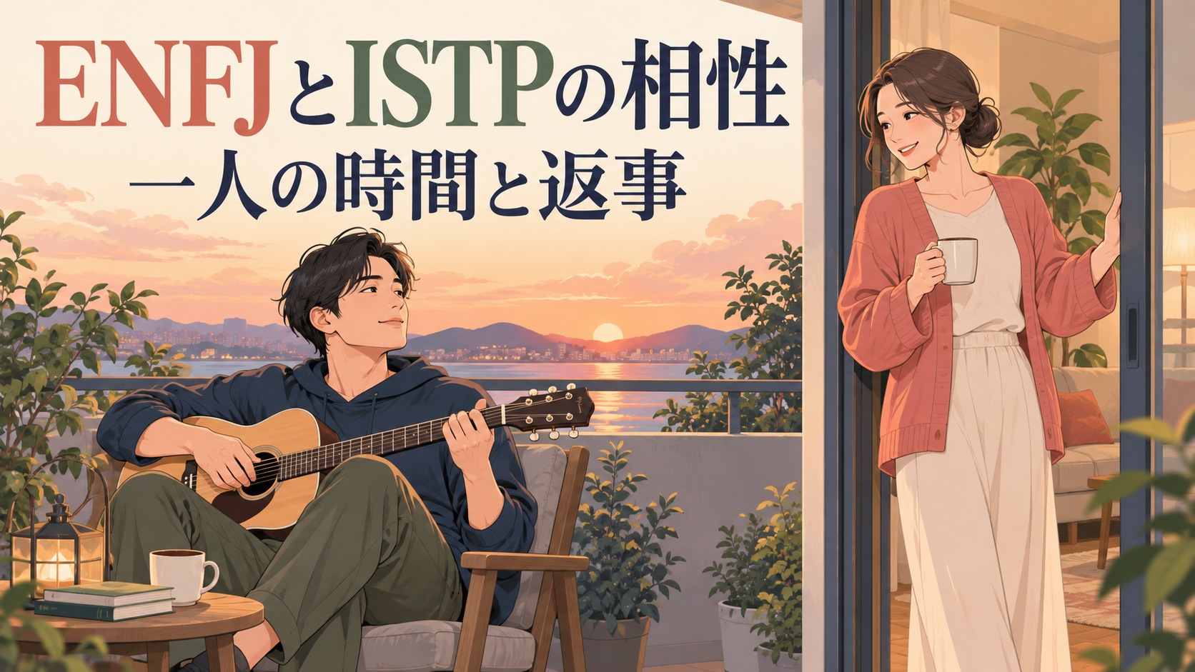 ENFJとISTPが一人の時間を尊重し次の会話を考えるイラスト