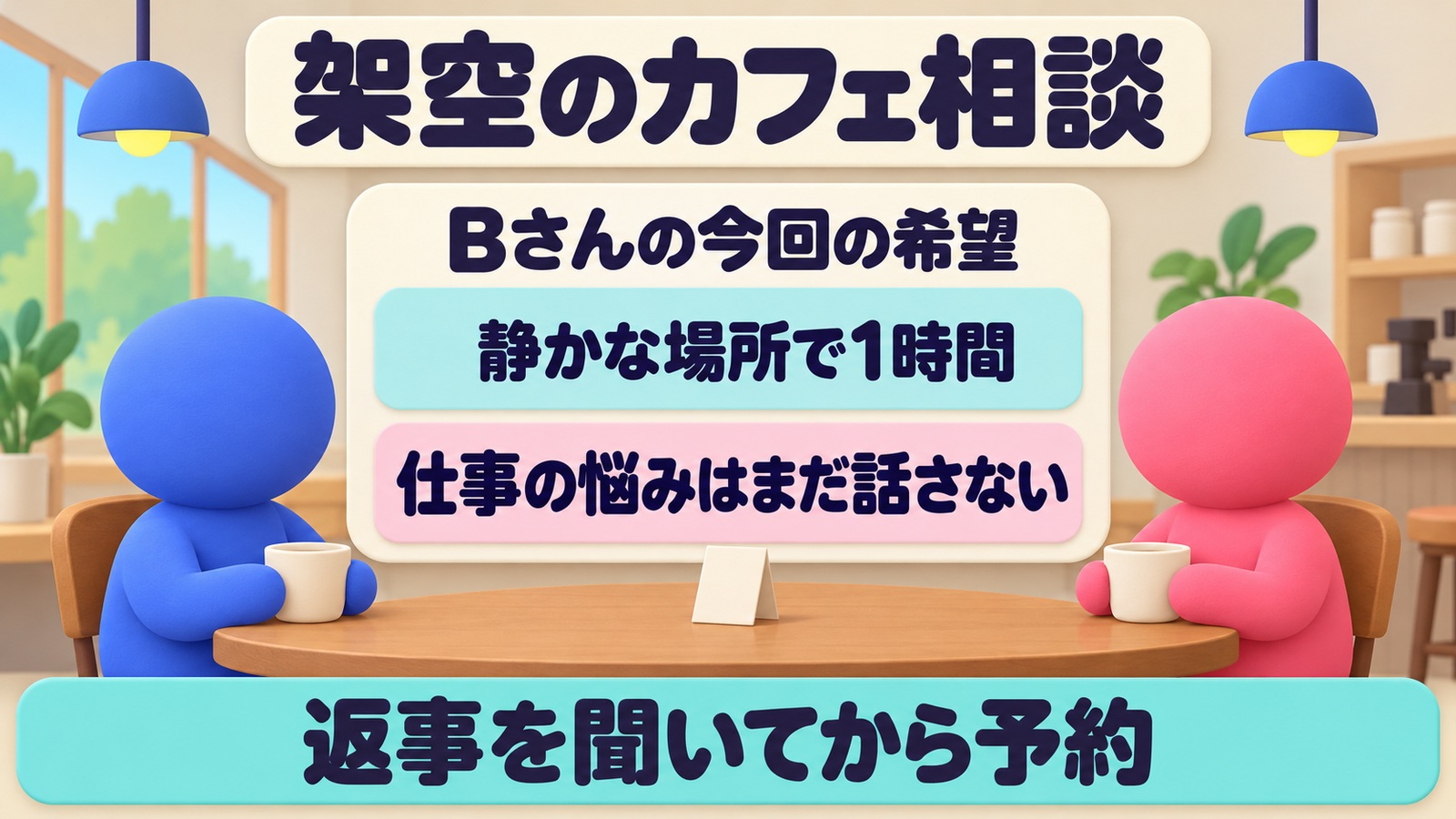 架空のカフェ相談でBさんが静かな場所で1時間会いたく、仕事の悩みはまだ話さないという今回の希望を示す図