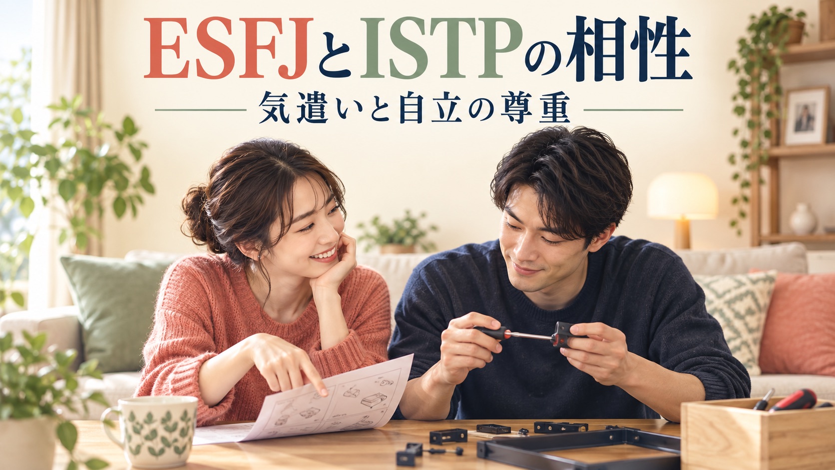 ESFJとISTPが手助けを相談し自立を尊重するイラスト
