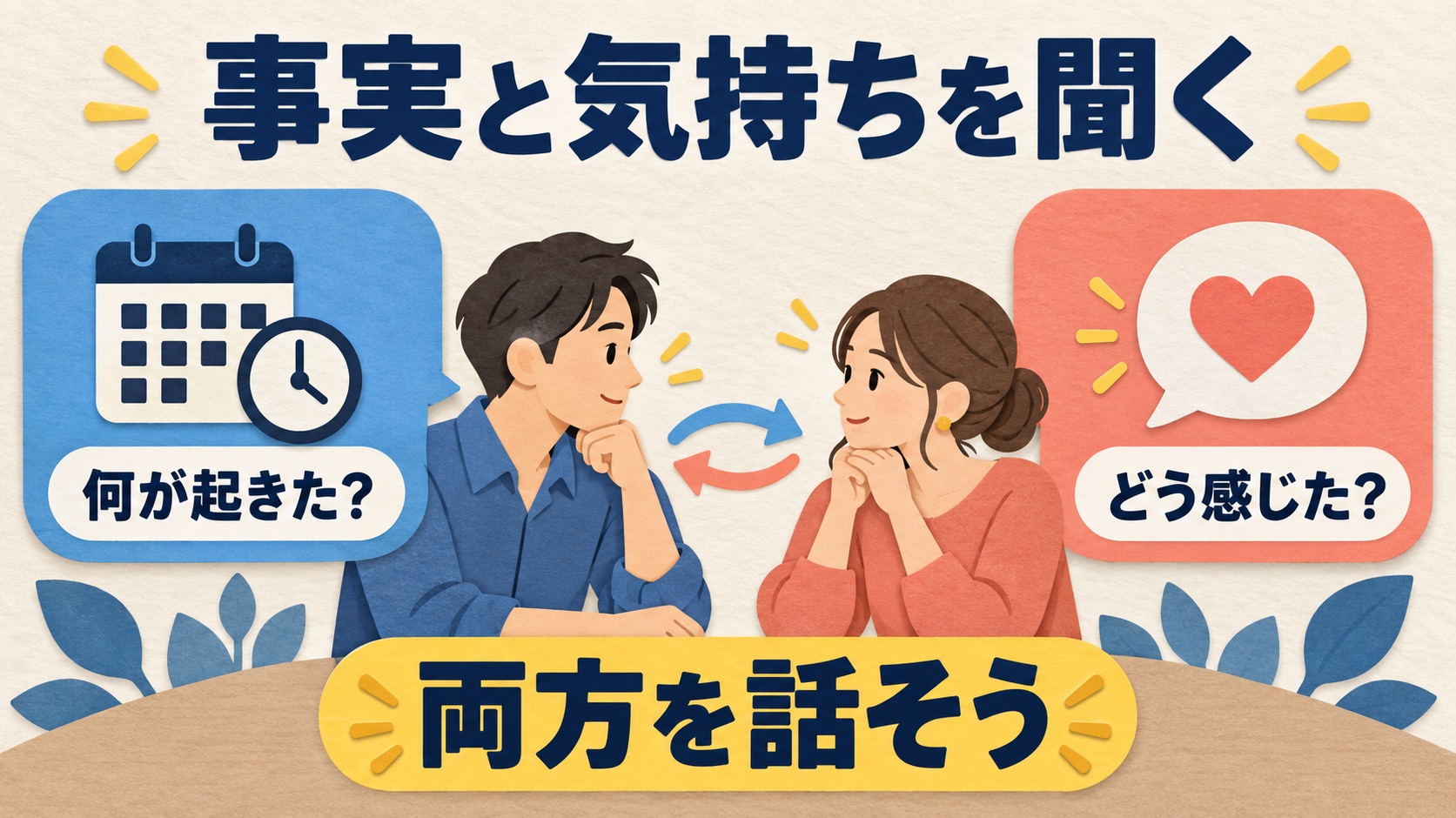 何が起きたかとどう感じたかを両方聞く説明図