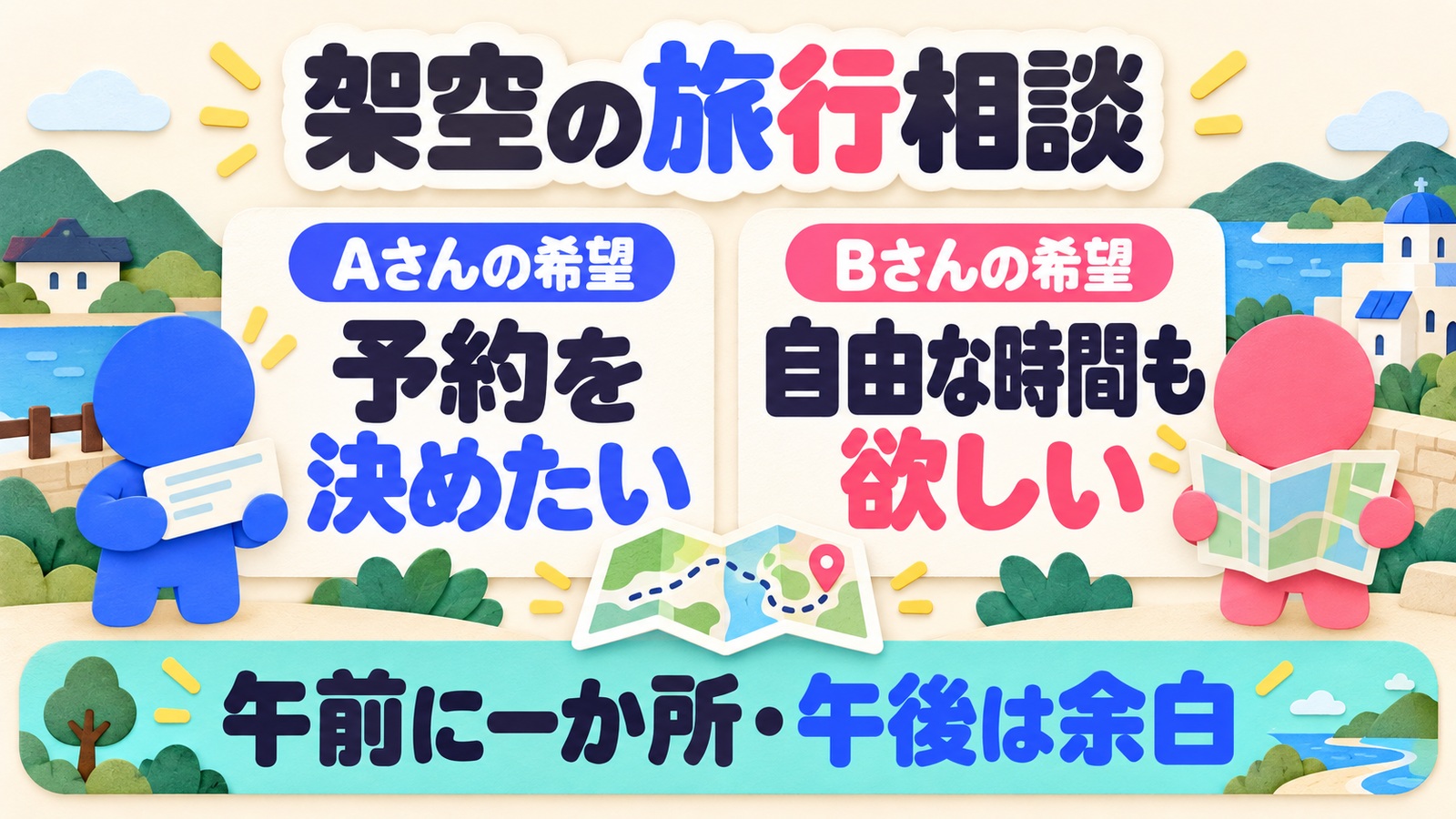 架空の旅行相談でAさんの予約したい希望とBさんの自由な時間の希望を並べ、午前一か所・午後は余白という案を示す図