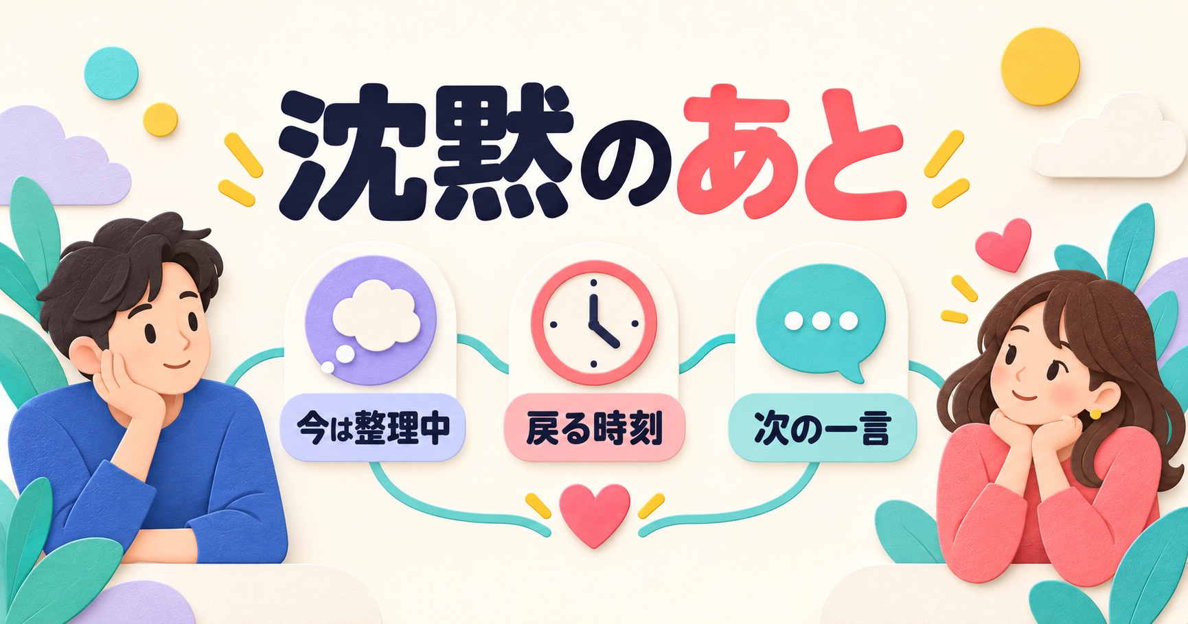 沈黙のあとに今は整理中・戻る時刻・次の一言を共有する説明図