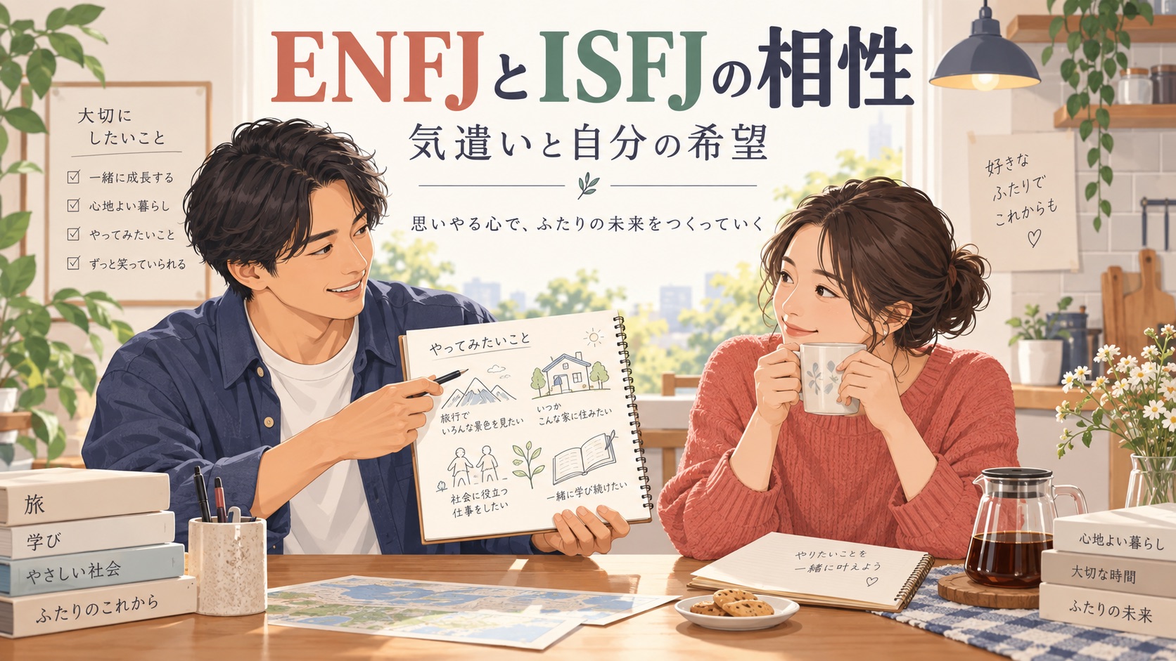 ENFJとISFJが気遣いと自分の希望を話すイラスト