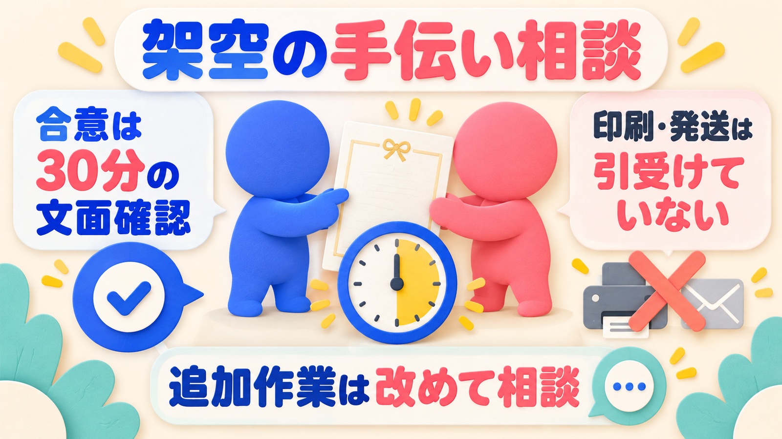 架空の手伝い相談で30分の文面確認だけ合意し、印刷発送や追加作業は引受けていないと区別する図