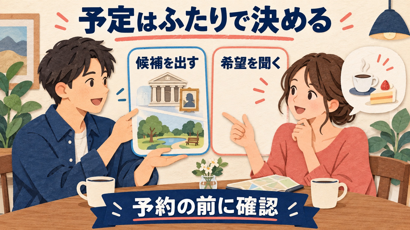 予定の候補を出して相手の希望を聞き予約前に確認する説明図