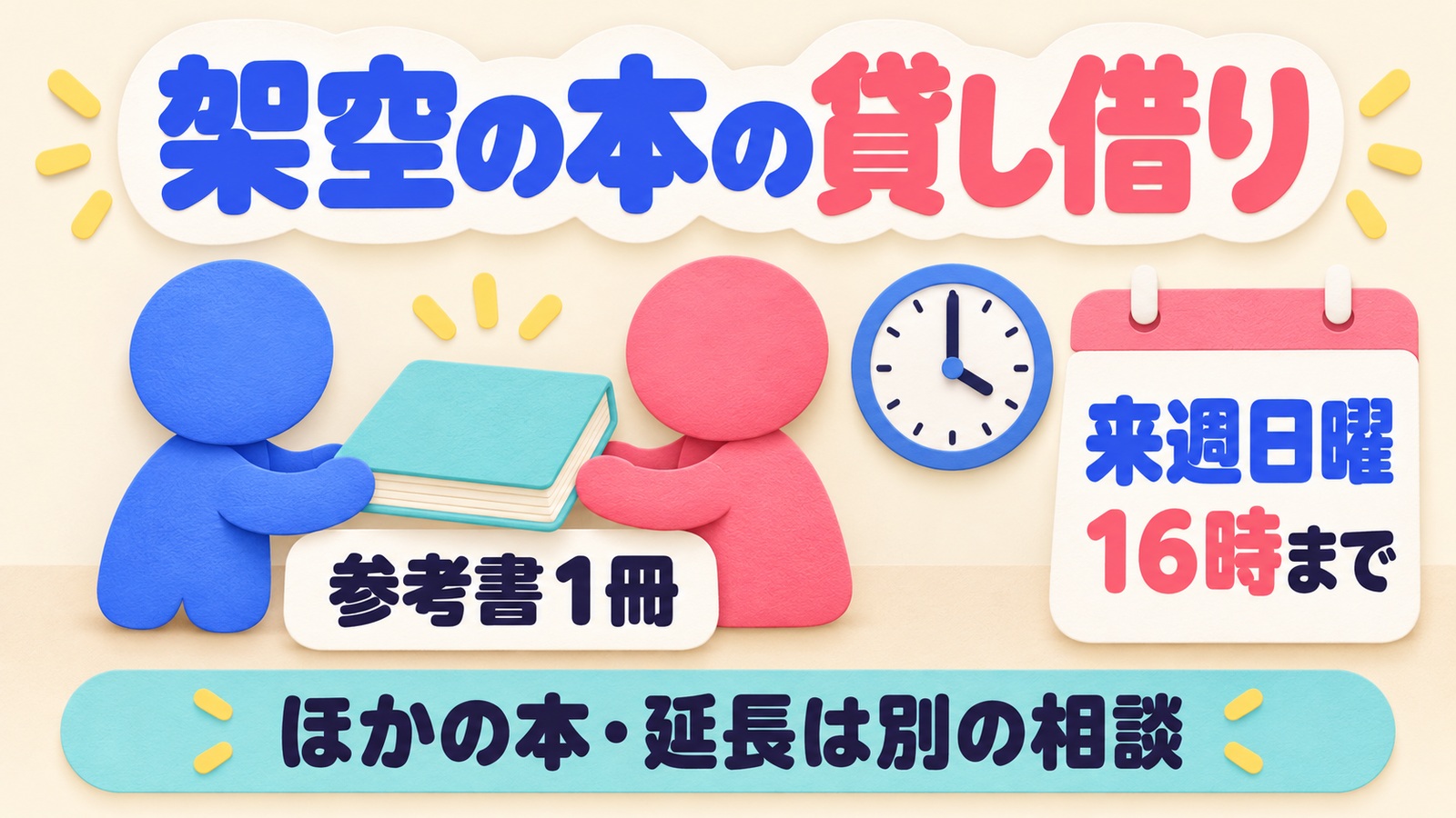架空の会話で参考書1冊を来週日曜16時まで借りる合意と、ほかの本や延長は別の相談と分ける図