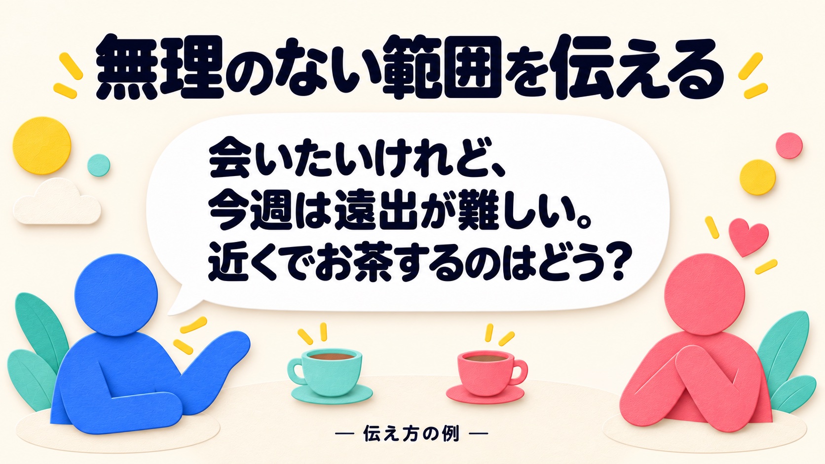 会いたい気持ちと遠出が難しい都合を伝え、近くでお茶を提案する会話例
