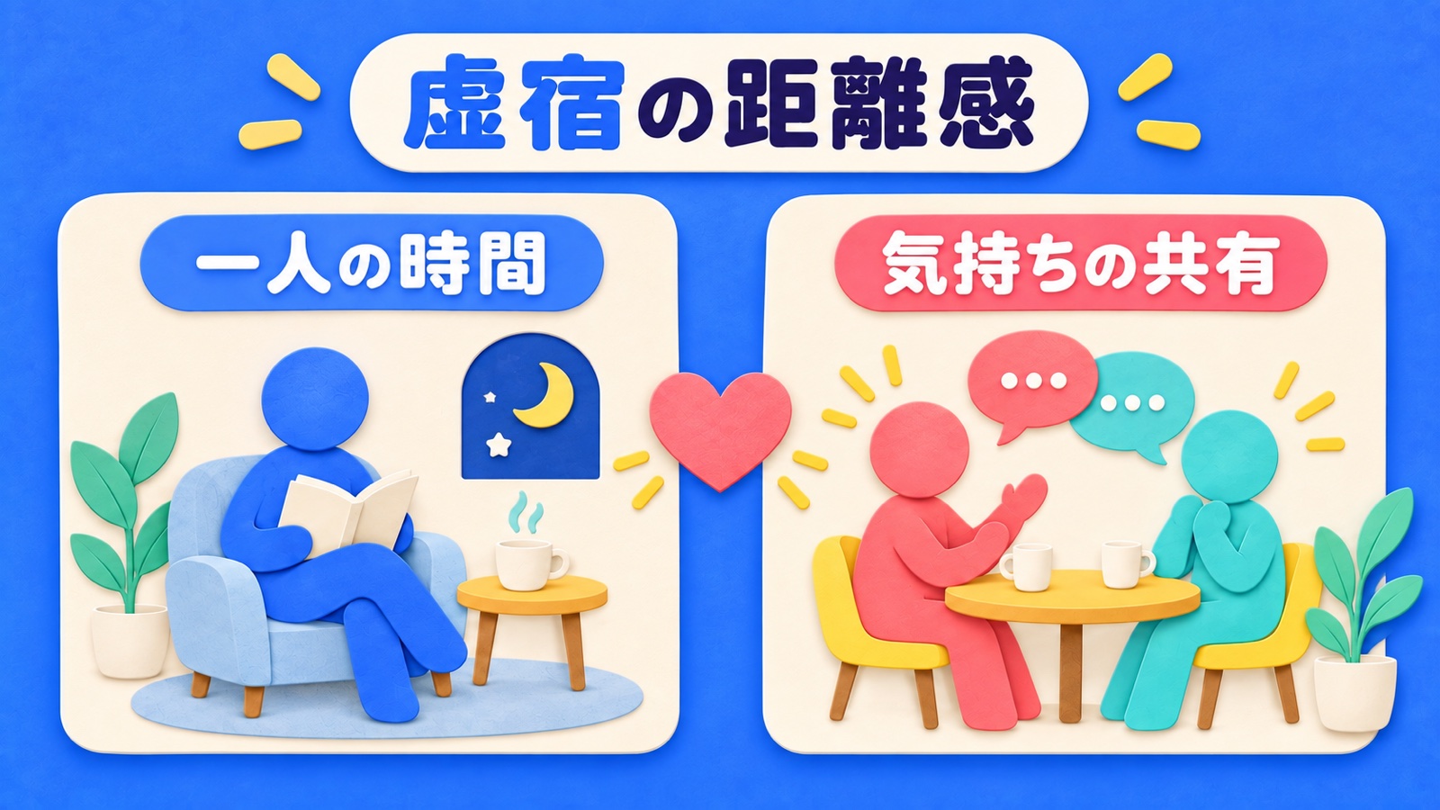 虚宿の恋愛で一人の時間と気持ちの共有を比べる図
