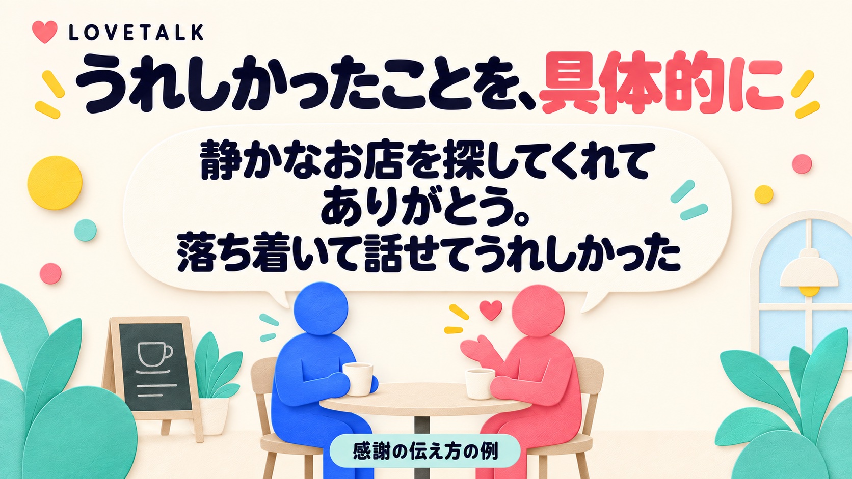 静かなお店を探してくれたことへの感謝と、落ち着いて話せてうれしかった気持ちを伝える会話例