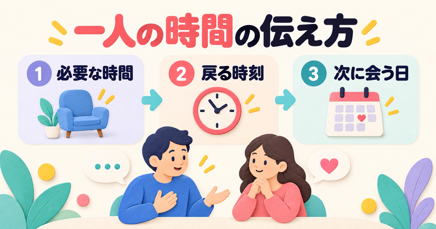 一人の時間を必要な時間・戻る時刻・次に会う日の順で伝える説明図