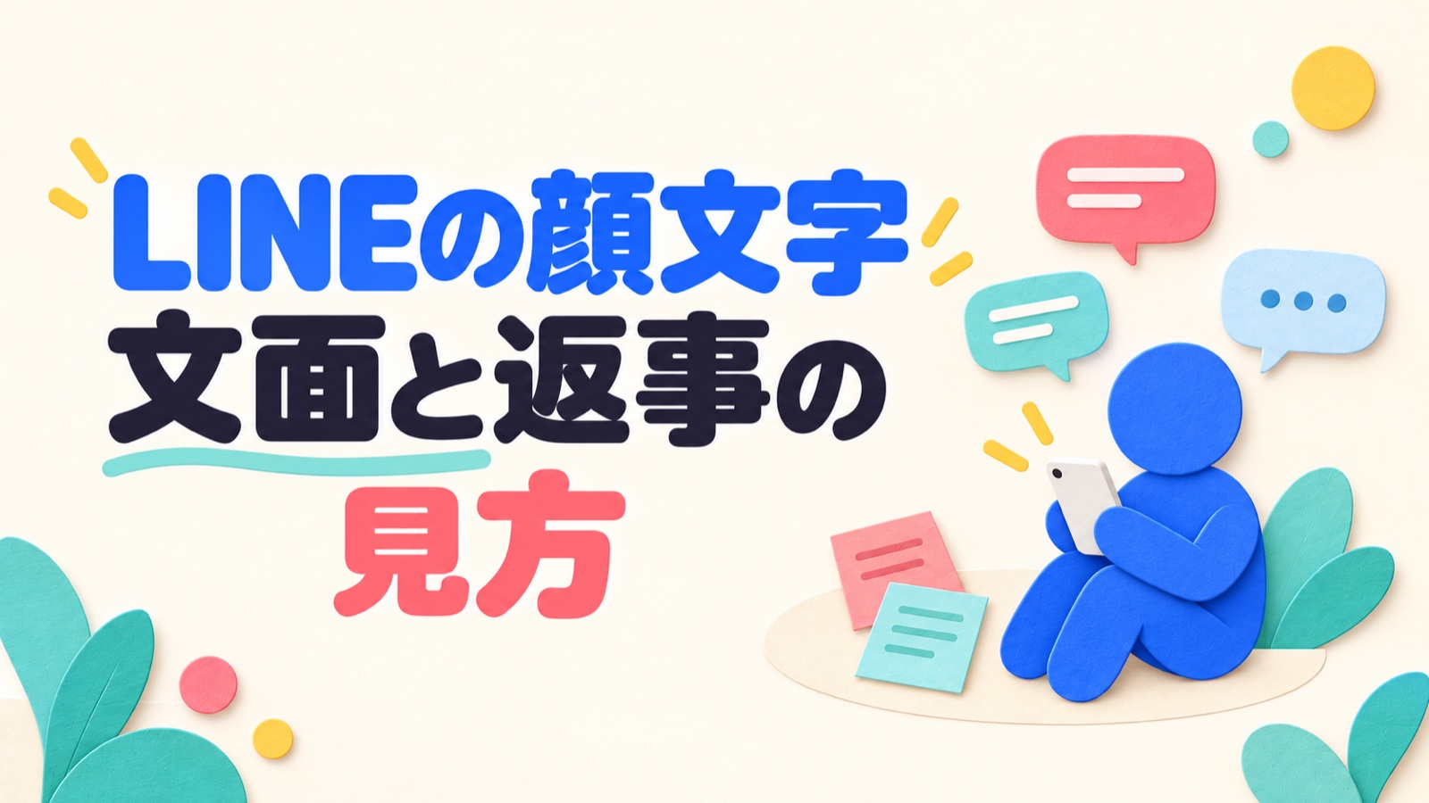 LINEの顔文字の文面と返事の見方。顔のない抽象人物がスマートフォンの吹き出しを読む。
