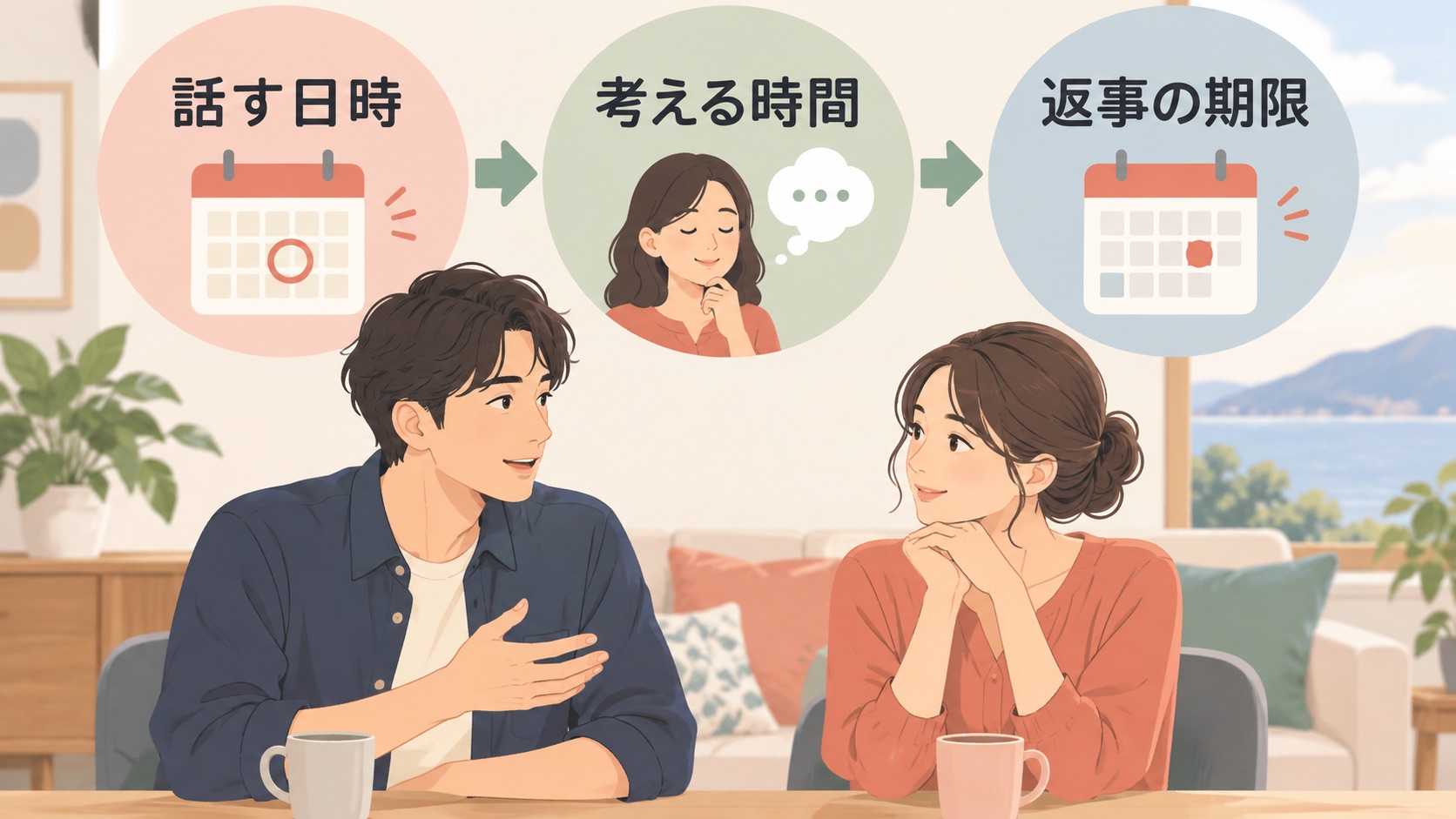 話す日時から考える時間を経て返事の期限を決める図