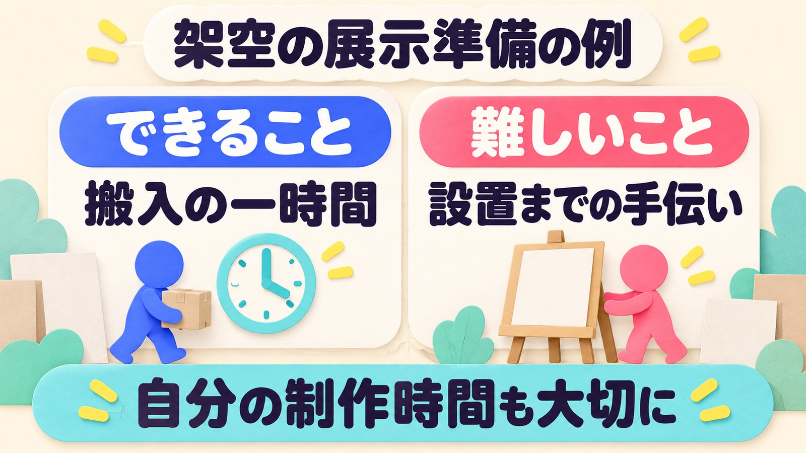 架空の展示準備の例で、搬入の一時間は手伝えるが設置までは難しく、自分の制作時間も確保したい希望を伝える図