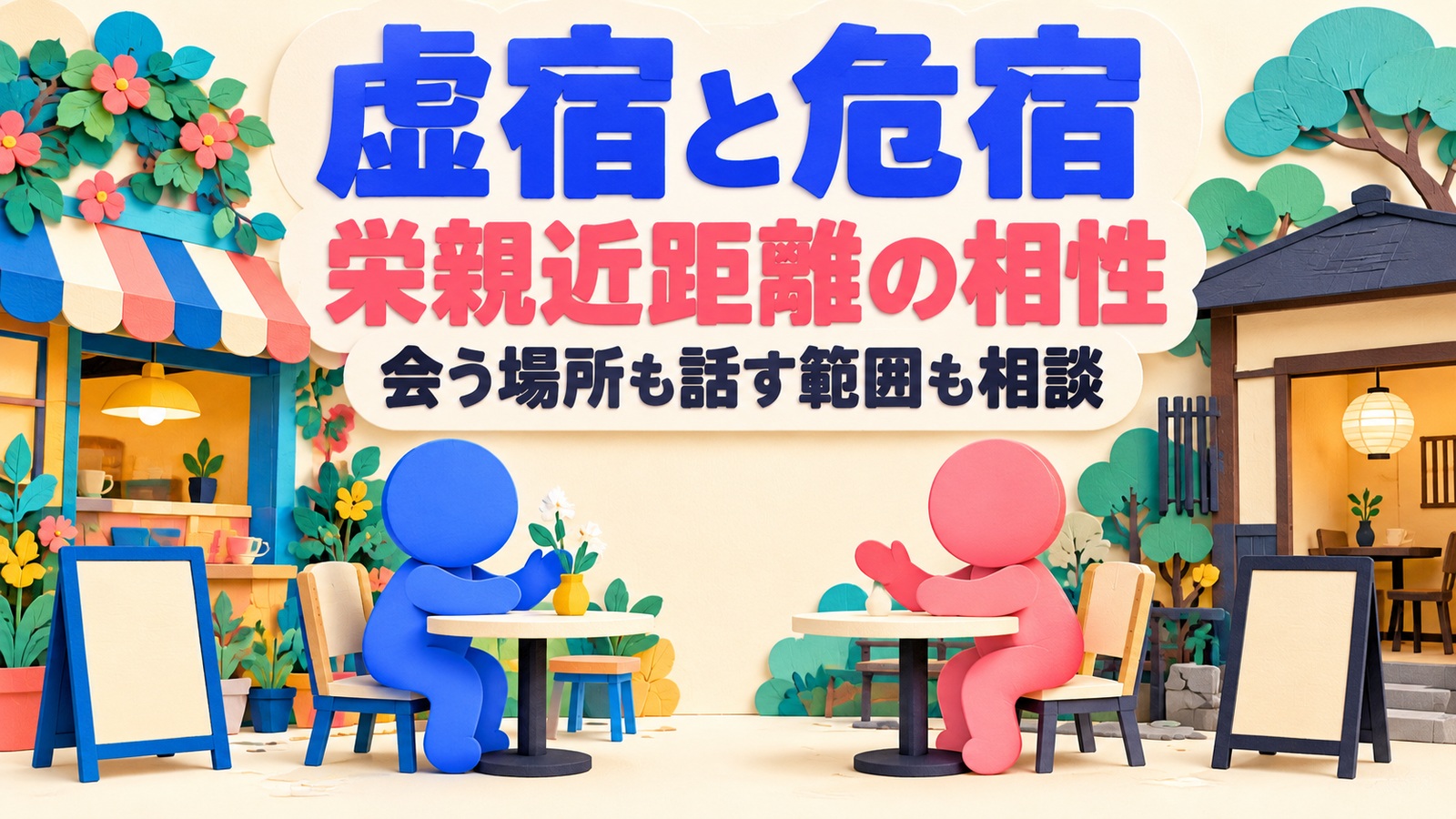 虚宿と危宿の栄親近距離の相性を読み、会う場所と話す範囲を二人で相談するイメージ
