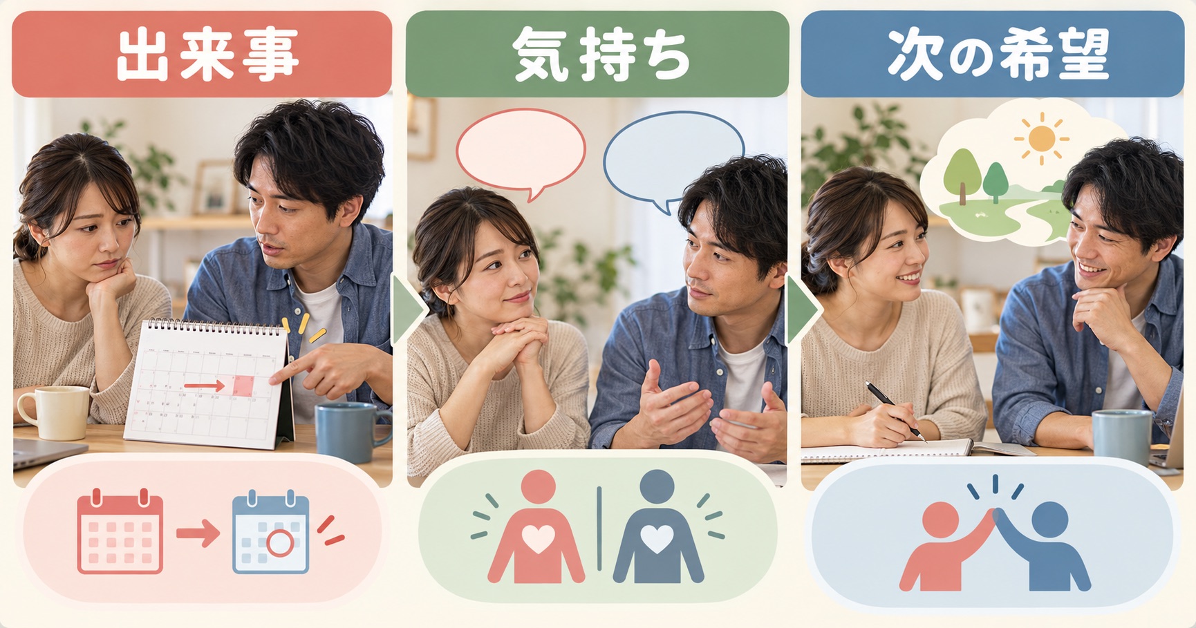 予定変更の出来事、気持ち、次の希望を話す三段階の図