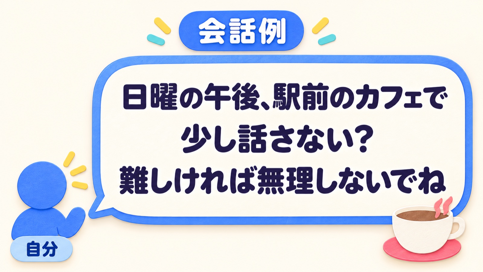 自分から日曜の午後に駅前のカフェへ誘い、難しければ無理しないでと伝える編集部の架空の会話例