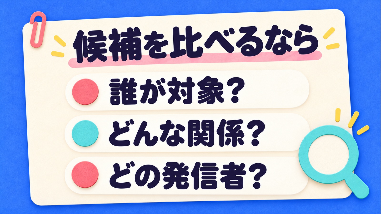 占いの相性候補を比べる際に、対象者と関係の種類、発信者を確かめる図。