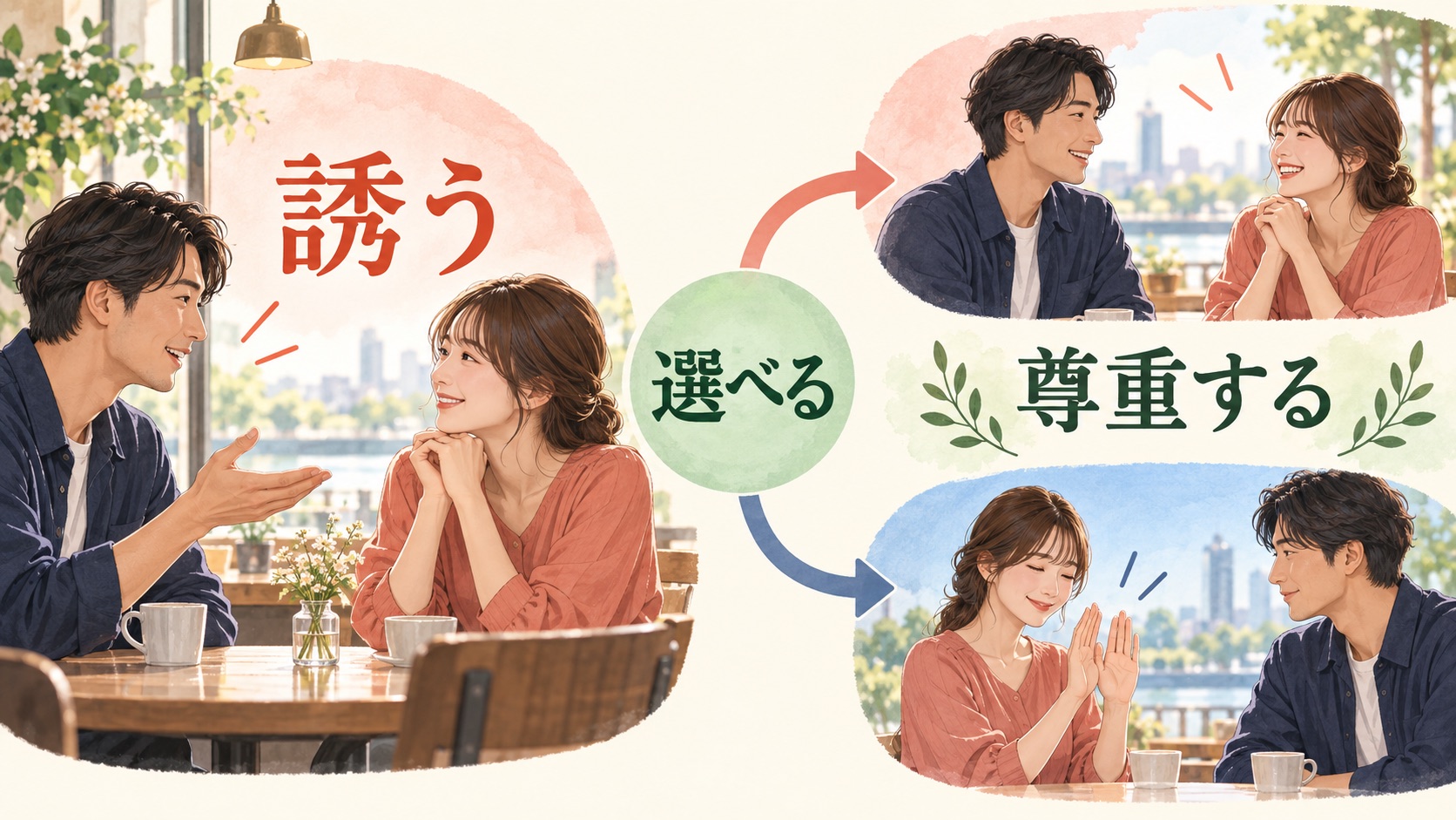 相手が選べる余地を残して誘い返事を尊重する図