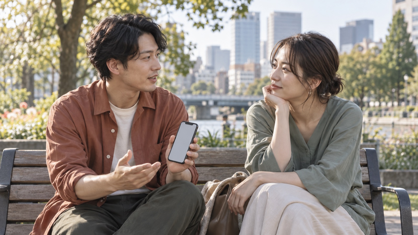 公園のベンチで二人が予定変更について話し合う様子