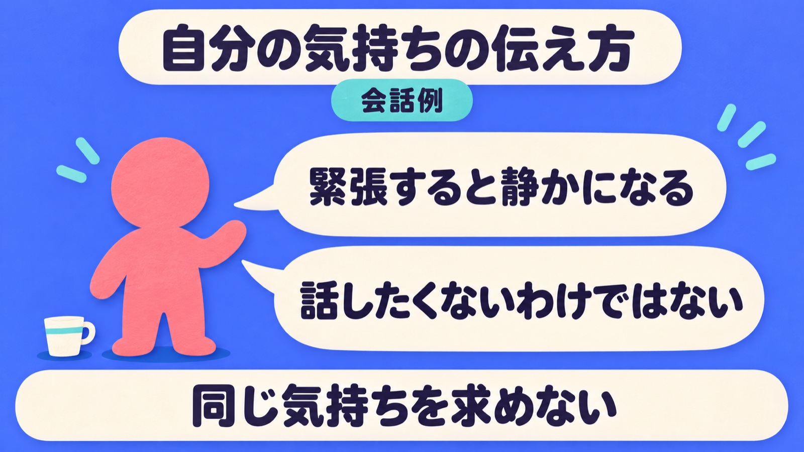 緊張すると静かになるが話したくないわけではないと自分の状態を伝え、同じ気持ちを相手へ求めない架空の会話例