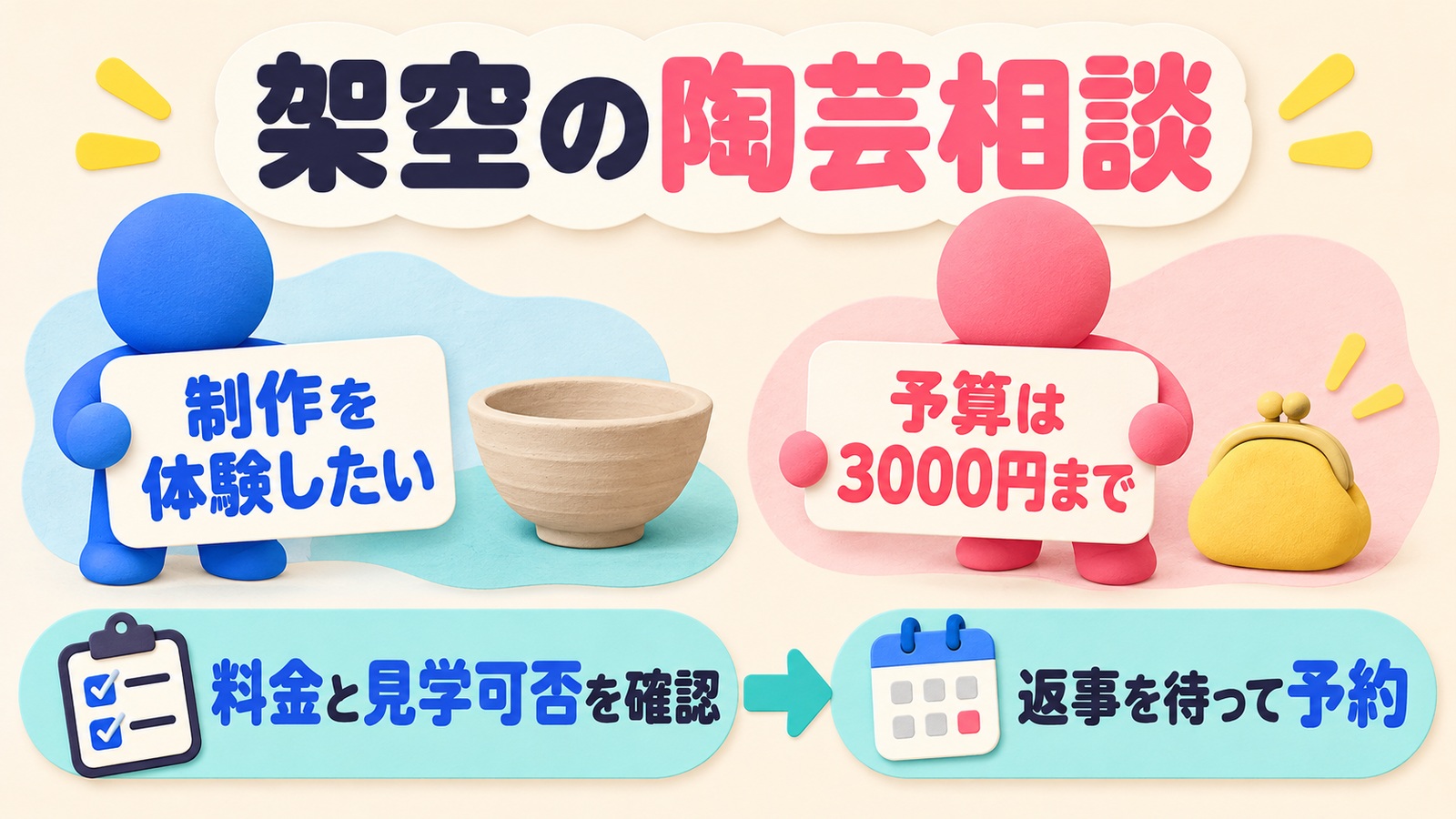 架空の陶芸相談で制作希望と予算上限を分け、料金や見学可否を確認し返事を待って予約する図