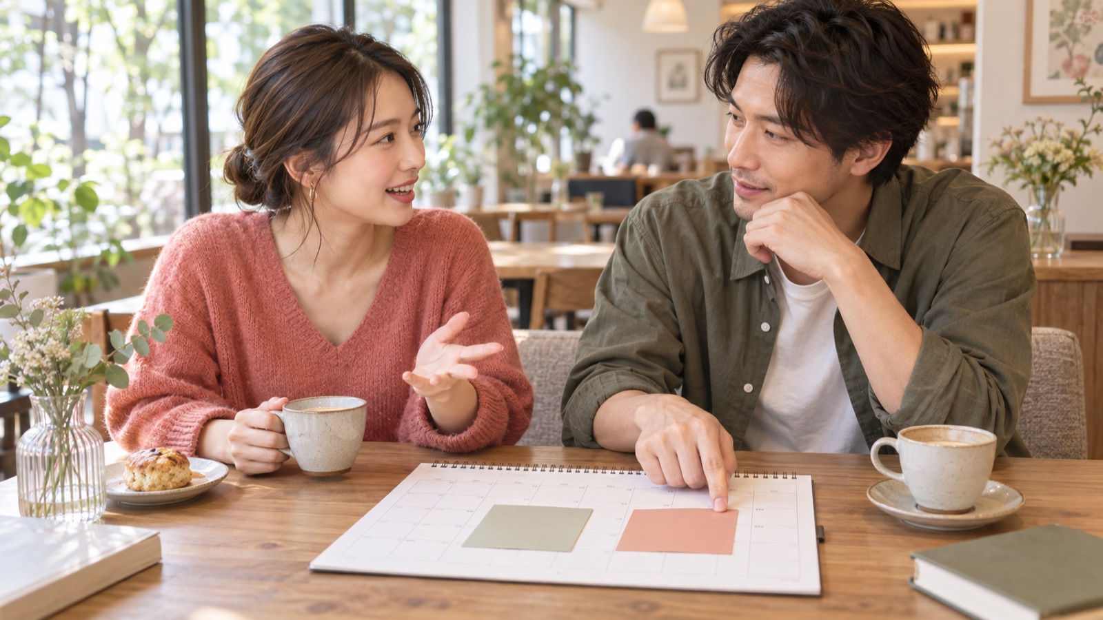 カフェで二人が予定の候補を話し合う様子