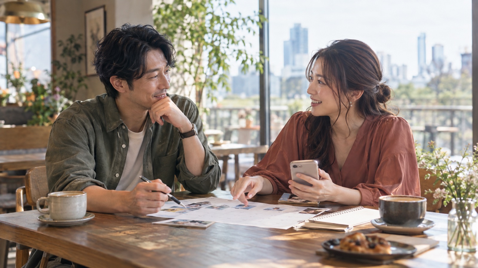 カフェで二人が週末の予定を相談する様子
