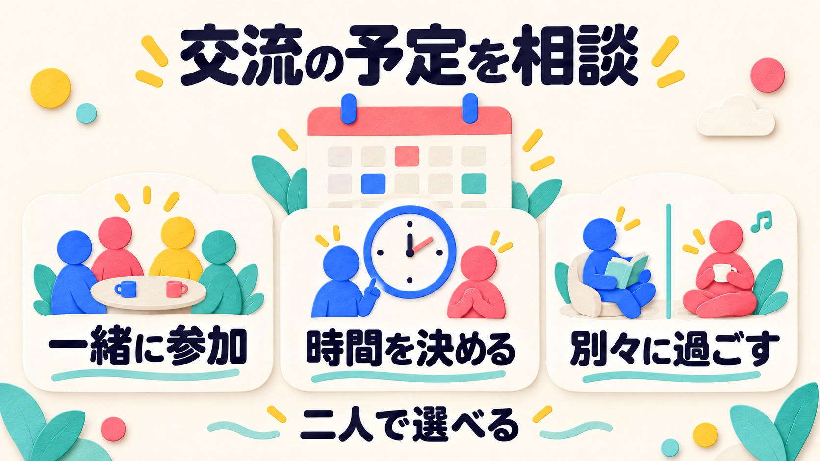 一緒に参加・時間を決める・別々に過ごすから交流予定を選ぶ説明図