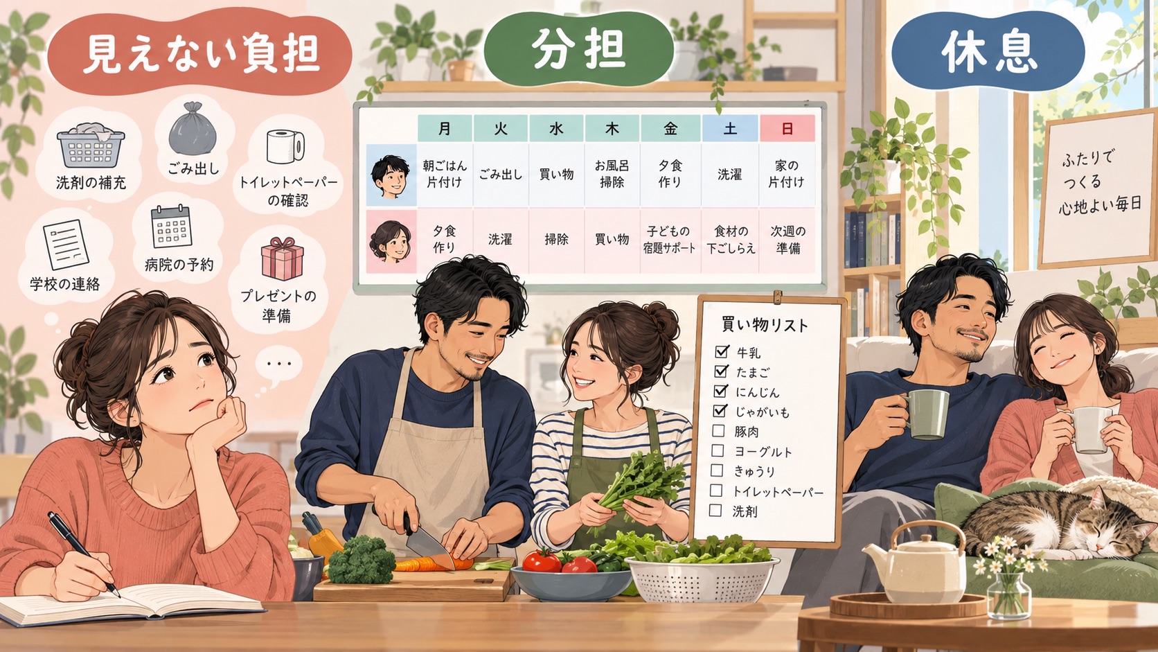 家事の見えない負担を分担し休息を決める説明図